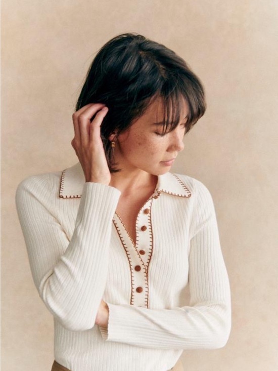 Sezane Sweaters - Sezane Cream Ribbed Polo Sweater with Brown Trim
